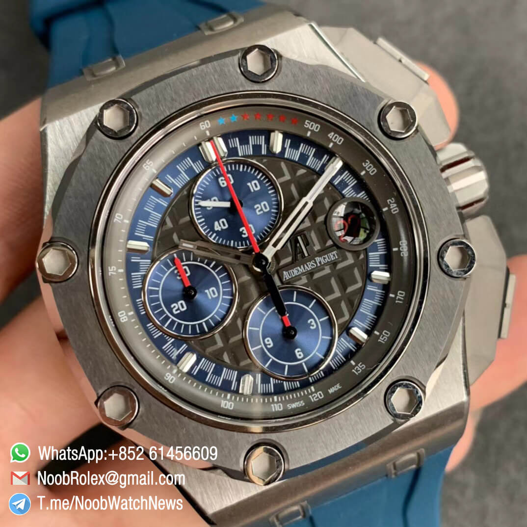 JF Top Swiss Watch Replica Royal Oak Offshore 44mm Michael Schumacher Steel Case Blue Dial Blue Rubber Strap A3126 Calibre 02