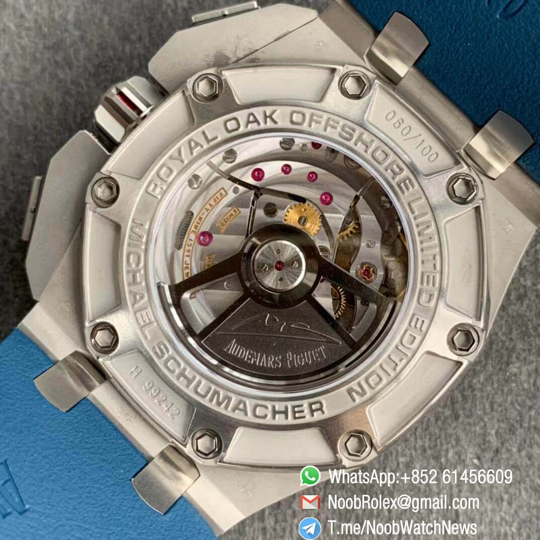 JF Top Swiss Watch Replica Royal Oak Offshore 44mm Michael Schumacher Steel Case Blue Dial Blue Rubber Strap A3126 Calibre 08