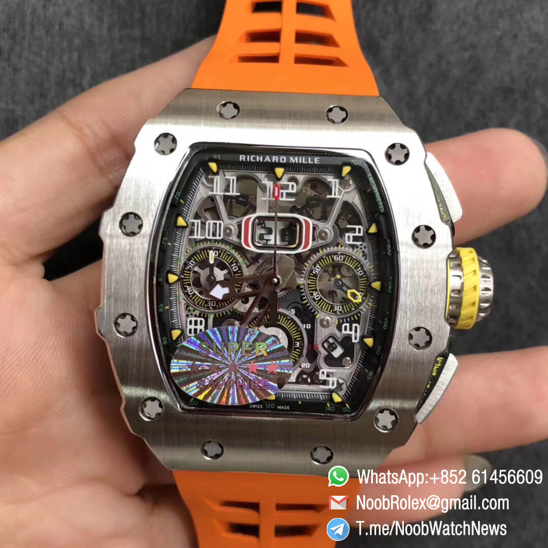 KV Factory Top Clone RM11 03 Crystal Skeleton Dial Steel Case Titanium Mid Case on Orange Racing Rubber Strap A7750 Chrono Movement 01