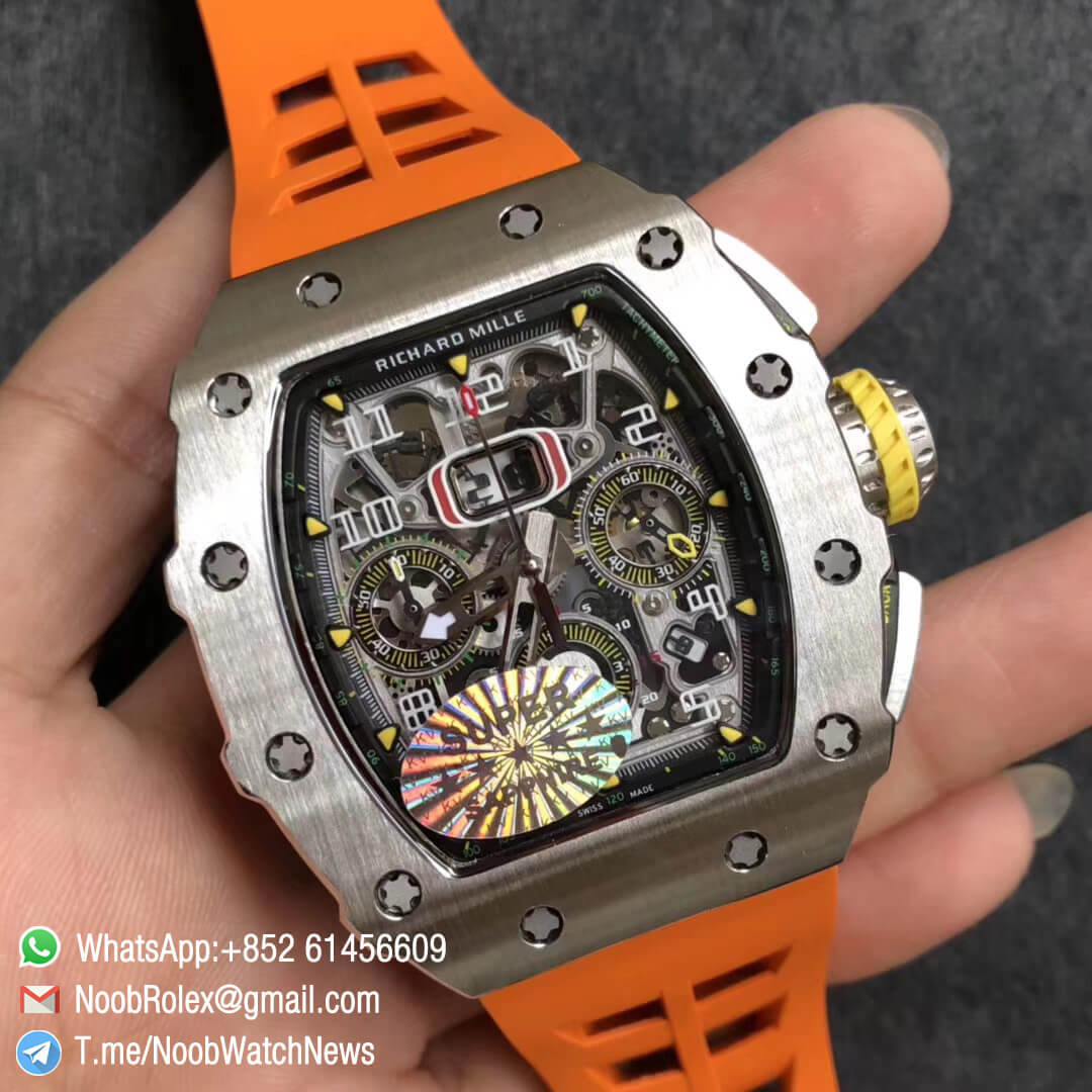 KV Factory Top Clone RM11 03 Crystal Skeleton Dial Steel Case Titanium Mid Case on Orange Racing Rubber Strap A7750 Chrono Movement 02