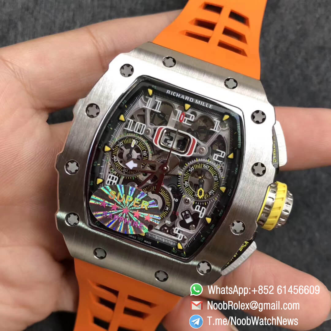 KV Factory Top Clone RM11 03 Crystal Skeleton Dial Steel Case Titanium Mid Case on Orange Racing Rubber Strap A7750 Chrono Movement 03
