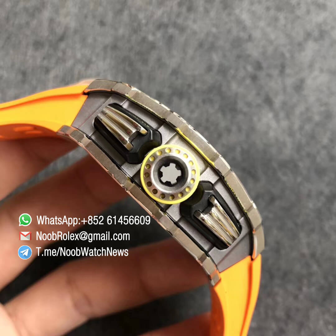 KV Factory Top Clone RM11 03 Crystal Skeleton Dial Steel Case Titanium Mid Case on Orange Racing Rubber Strap A7750 Chrono Movement 04