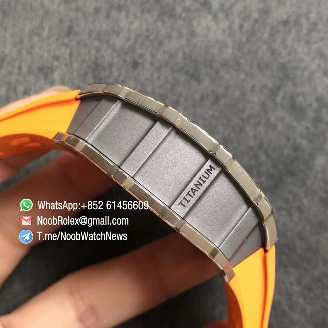 KV Factory Top Clone RM11 03 Crystal Skeleton Dial Steel Case Titanium Mid Case on Orange Racing Rubber Strap A7750 Chrono Movement 05