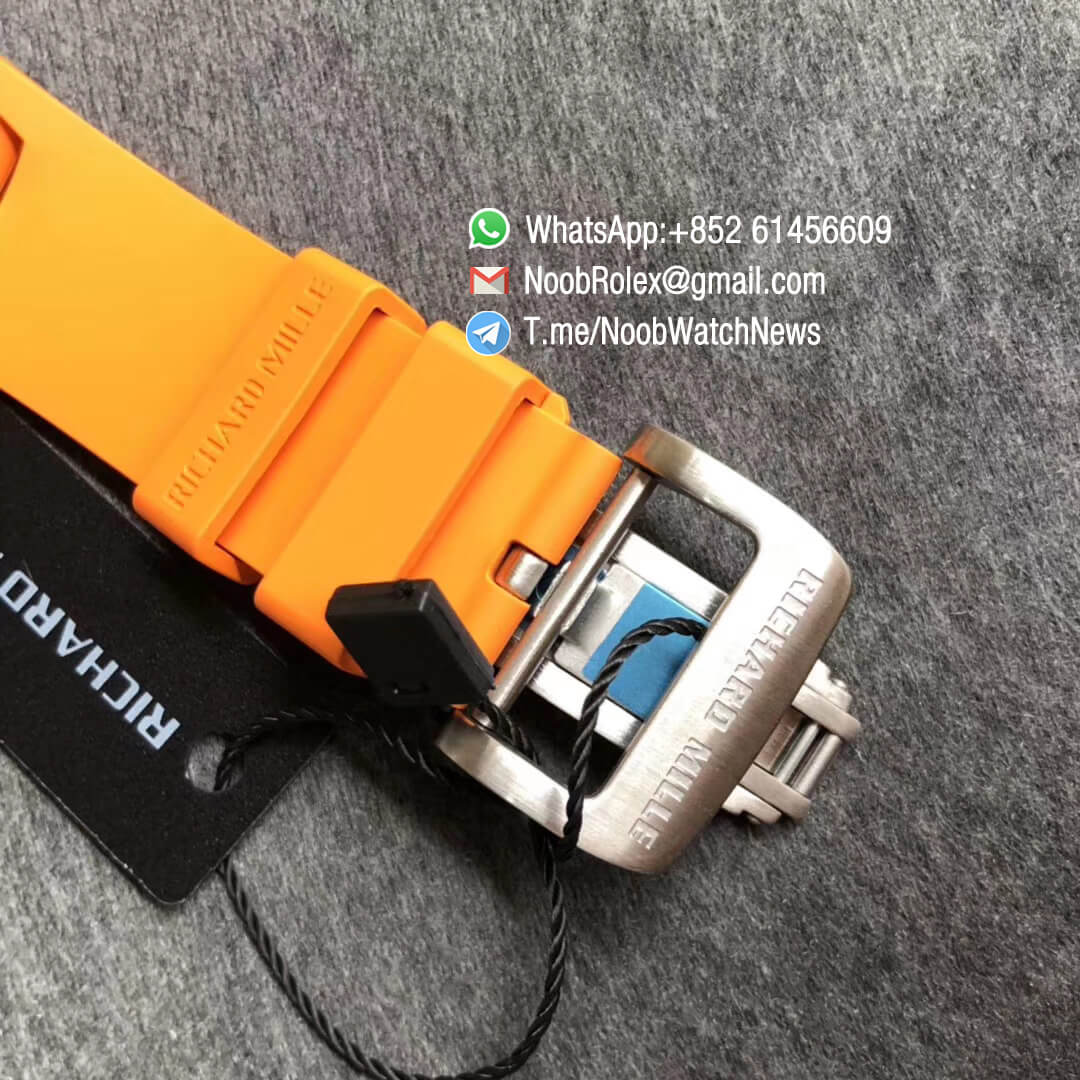 KV Factory Top Clone RM11 03 Crystal Skeleton Dial Steel Case Titanium Mid Case on Orange Racing Rubber Strap A7750 Chrono Movement 06