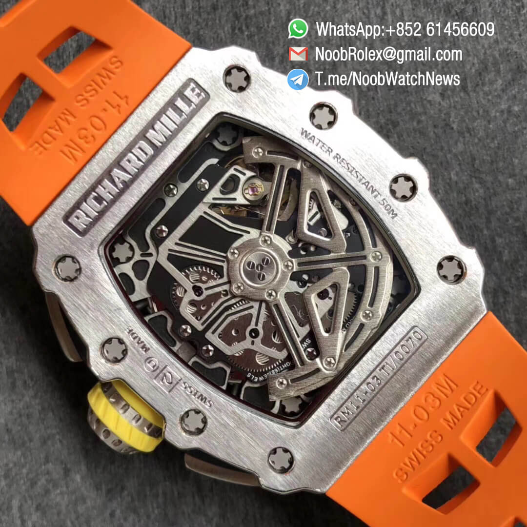 KV Factory Top Clone RM11 03 Crystal Skeleton Dial Steel Case Titanium Mid Case on Orange Racing Rubber Strap A7750 Chrono Movement 08