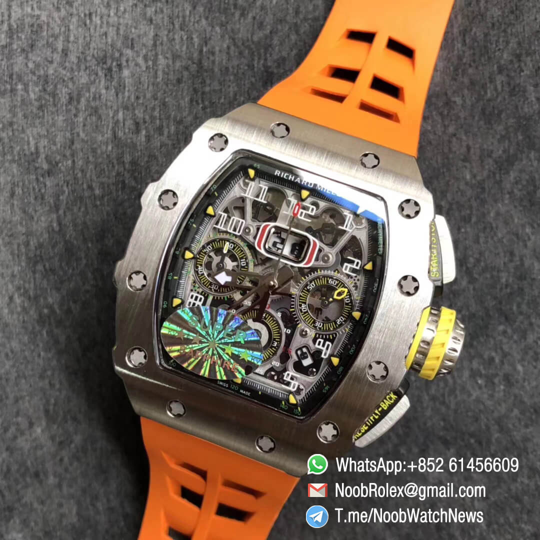 KV Factory Top Clone RM11 03 Crystal Skeleton Dial Steel Case Titanium Mid Case on Orange Racing Rubber Strap A7750 Chrono Movement 09