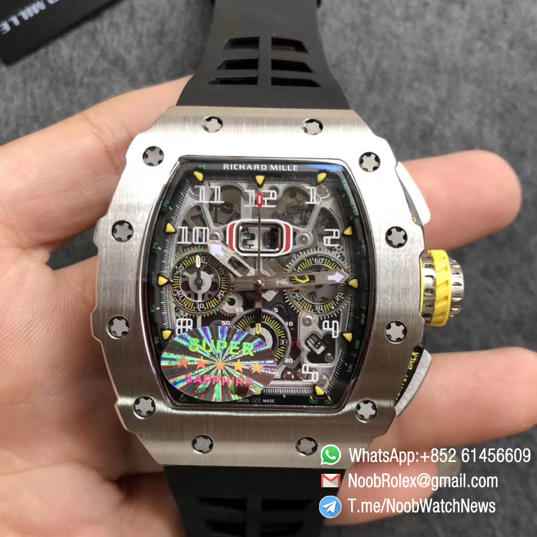 KVF Best Clone RM11 03 Crystal Skeleton Dial Steel Case Titanium Mid Case on Black Racing Rubber Strap A7750 Chrono Movement 01