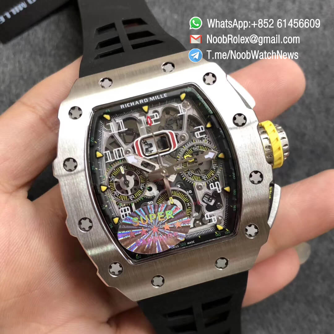 KVF Best Clone RM11 03 Crystal Skeleton Dial Steel Case Titanium Mid Case on Black Racing Rubber Strap A7750 Chrono Movement 02