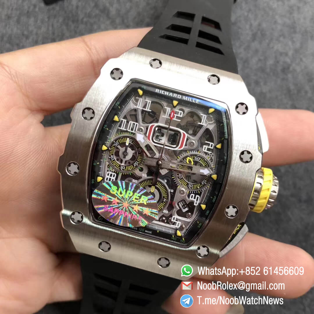 KVF Best Clone RM11 03 Crystal Skeleton Dial Steel Case Titanium Mid Case on Black Racing Rubber Strap A7750 Chrono Movement 03