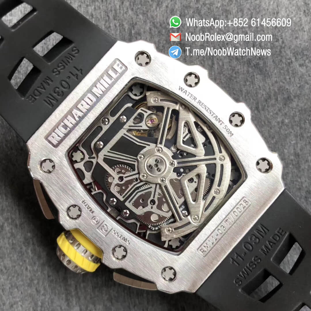 KVF Best Clone RM11 03 Crystal Skeleton Dial Steel Case Titanium Mid Case on Black Racing Rubber Strap A7750 Chrono Movement 08