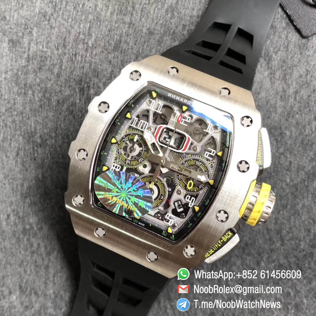 KVF Best Clone RM11 03 Crystal Skeleton Dial Steel Case Titanium Mid Case on Black Racing Rubber Strap A7750 Chrono Movement 09