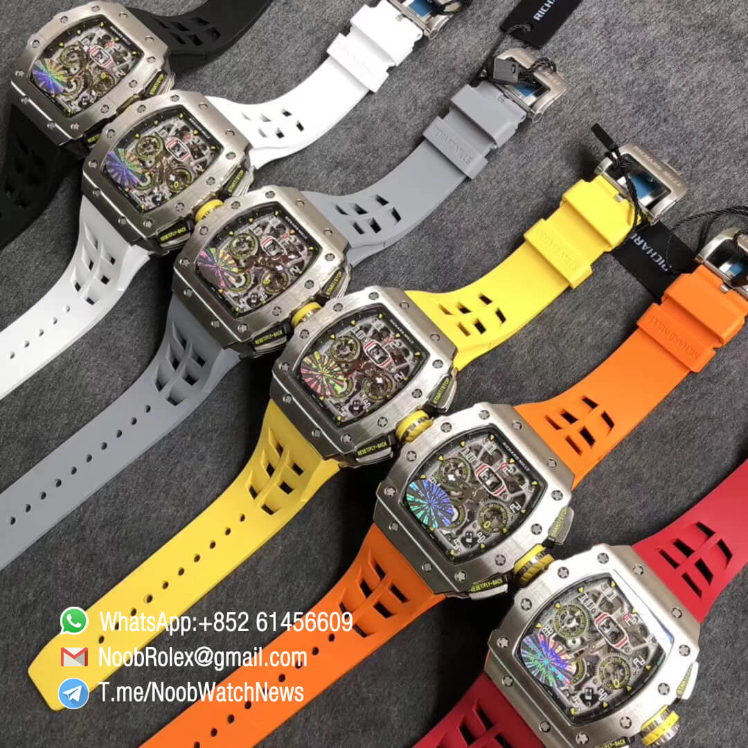 KVF Best Clone RM11 03 Crystal Skeleton Dial Steel Case Titanium Mid Case on Black Racing Rubber Strap A7750 Chrono Movement 10