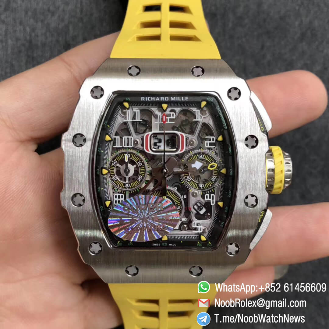KVF Best Clone RM11 03 Crystal Skeleton Dial Steel Case Titanium Mid Case on Yellow Racing Rubber Strap A7750 Chrono Movement 01 KVF Best Clone RM11 03 Crystal Skeleton Dial Steel Case Titanium Mid Case on Yellow Racing Rubber Strap A7750 Chrono Movement 01