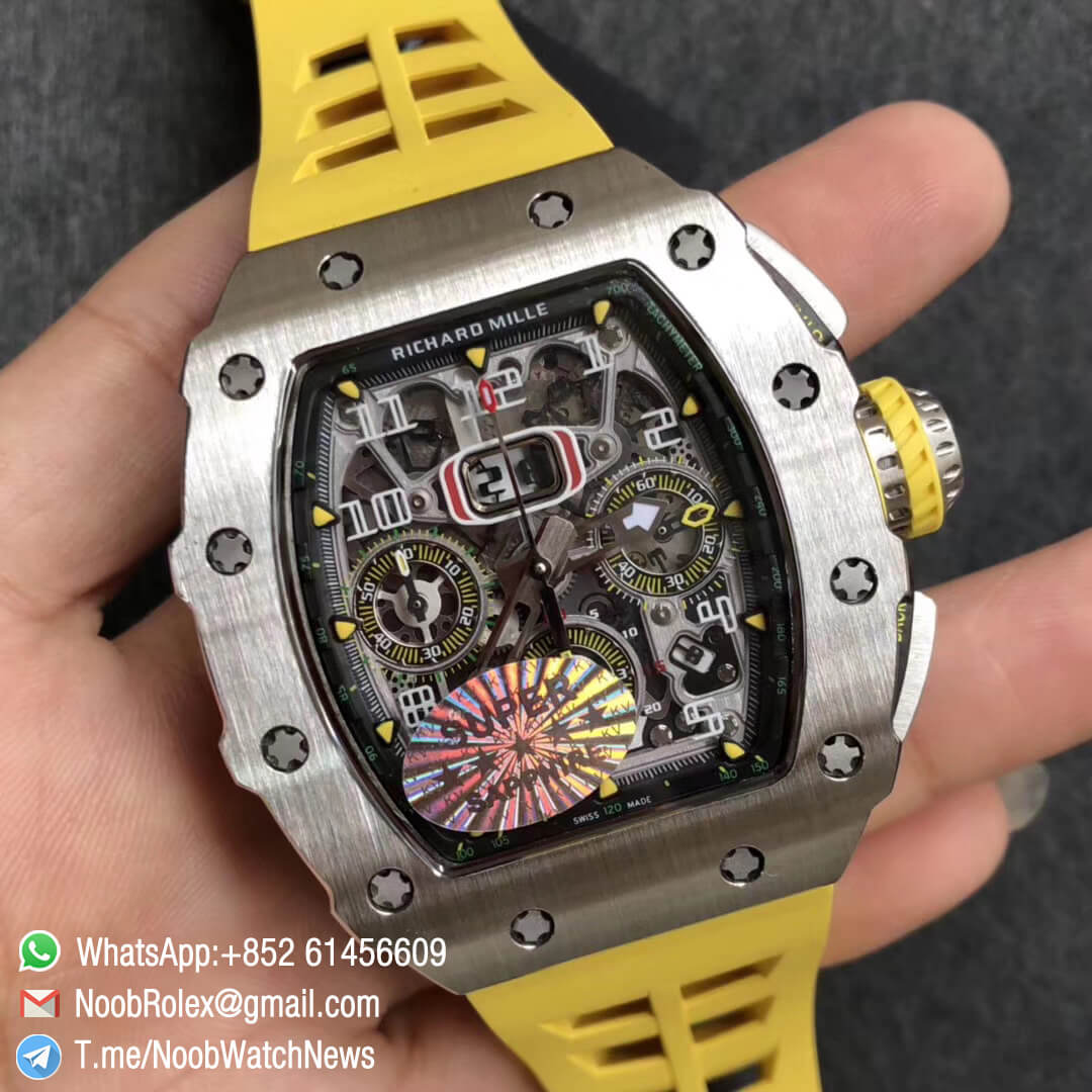 KVF Best Clone RM11 03 Crystal Skeleton Dial Steel Case Titanium Mid Case on Yellow Racing Rubber Strap A7750 Chrono Movement 02 KVF Best Clone RM11 03 Crystal Skeleton Dial Steel Case Titanium Mid Case on Yellow Racing Rubber Strap A7750 Chrono Movement 02