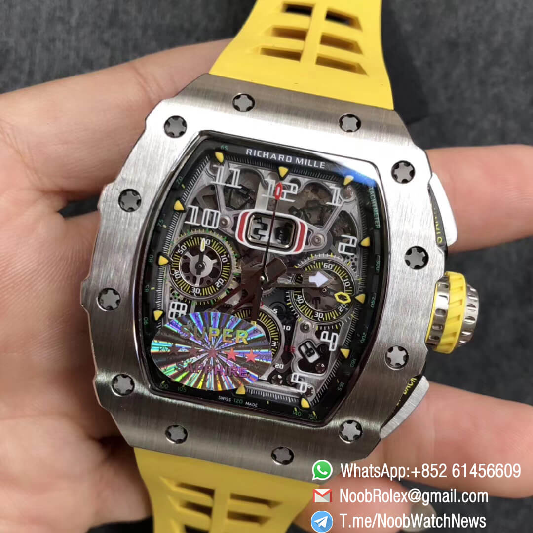 KVF Best Clone RM11 03 Crystal Skeleton Dial Steel Case Titanium Mid Case on Yellow Racing Rubber Strap A7750 Chrono Movement 03 KVF Best Clone RM11 03 Crystal Skeleton Dial Steel Case Titanium Mid Case on Yellow Racing Rubber Strap A7750 Chrono Movement 03