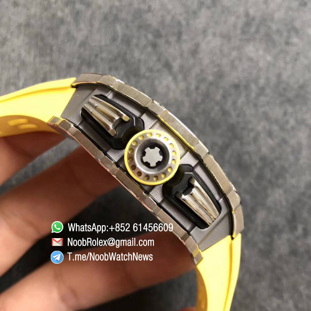 KVF Best Clone RM11 03 Crystal Skeleton Dial Steel Case Titanium Mid Case on Yellow Racing Rubber Strap A7750 Chrono Movement 04 KVF Best Clone RM11 03 Crystal Skeleton Dial Steel Case Titanium Mid Case on Yellow Racing Rubber Strap A7750 Chrono Movement 04