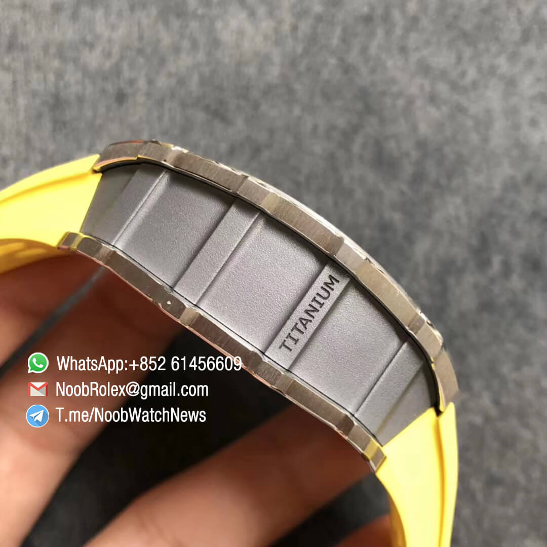 KVF Best Clone RM11 03 Crystal Skeleton Dial Steel Case Titanium Mid Case on Yellow Racing Rubber Strap A7750 Chrono Movement 05 KVF Best Clone RM11 03 Crystal Skeleton Dial Steel Case Titanium Mid Case on Yellow Racing Rubber Strap A7750 Chrono Movement 05