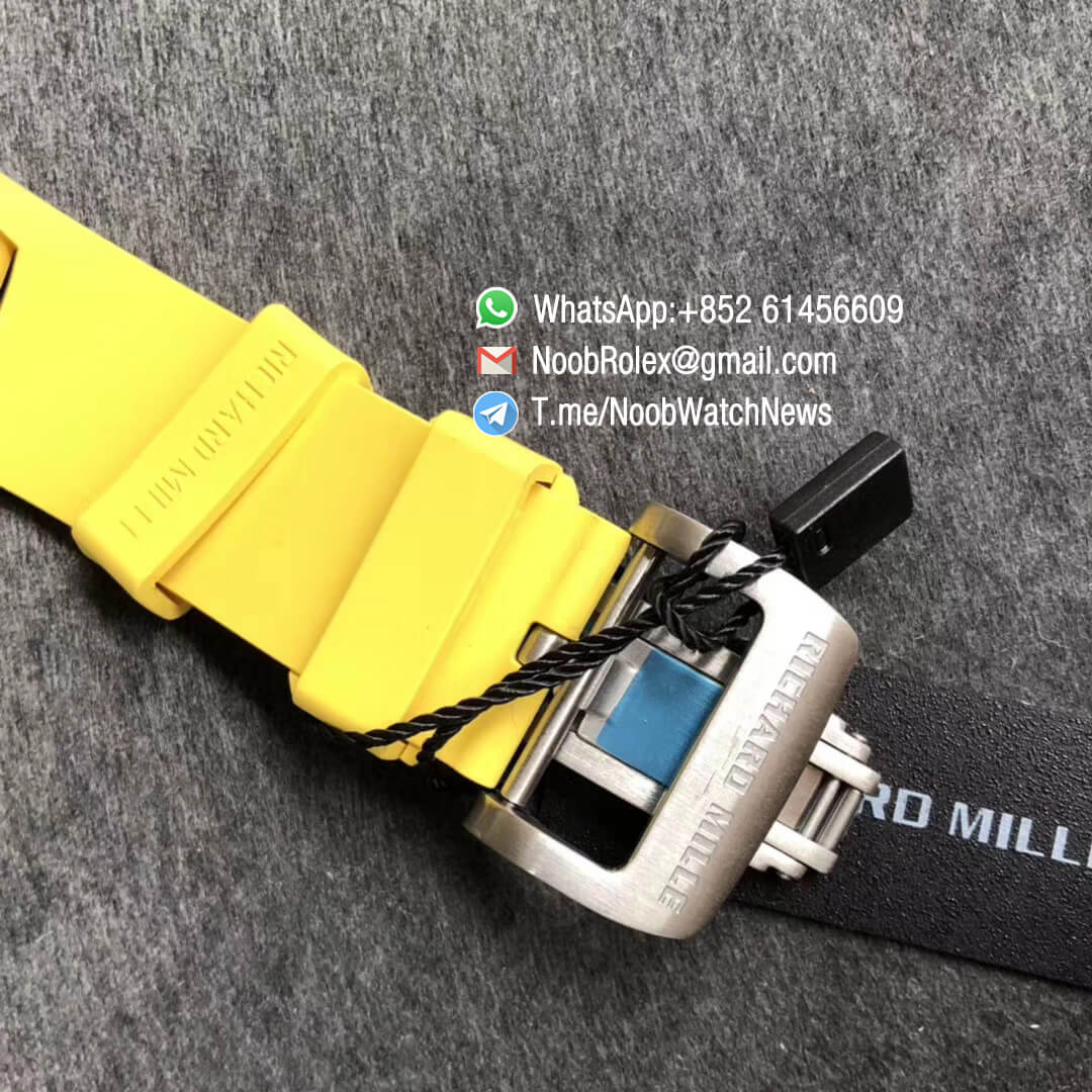 KVF Best Clone RM11 03 Crystal Skeleton Dial Steel Case Titanium Mid Case on Yellow Racing Rubber Strap A7750 Chrono Movement 06 KVF Best Clone RM11 03 Crystal Skeleton Dial Steel Case Titanium Mid Case on Yellow Racing Rubber Strap A7750 Chrono Movement 06