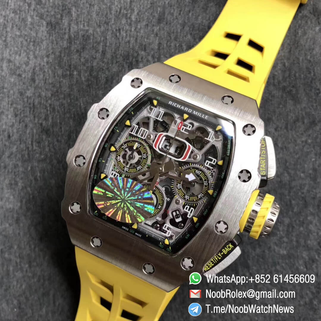 KVF Best Clone RM11 03 Crystal Skeleton Dial Steel Case Titanium Mid Case on Yellow Racing Rubber Strap A7750 Chrono Movement 08 KVF Best Clone RM11 03 Crystal Skeleton Dial Steel Case Titanium Mid Case on Yellow Racing Rubber Strap A7750 Chrono Movement 08