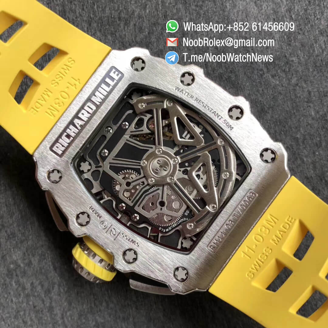 KVF Best Clone RM11 03 Crystal Skeleton Dial Steel Case Titanium Mid Case on Yellow Racing Rubber Strap A7750 Chrono Movement 09 KVF Best Clone RM11 03 Crystal Skeleton Dial Steel Case Titanium Mid Case on Yellow Racing Rubber Strap A7750 Chrono Movement 09