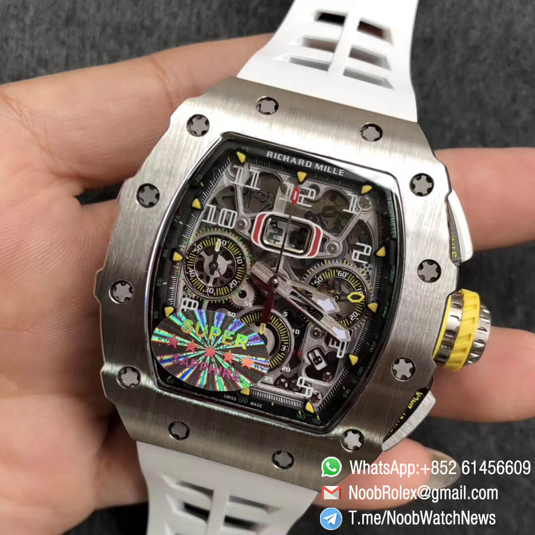 KVF Best Replica RM11 03 Crystal Skeleton Dial Steel Case Titanium Mid Case on White Racing Rubber Strap A7750 Chrono Movement 03