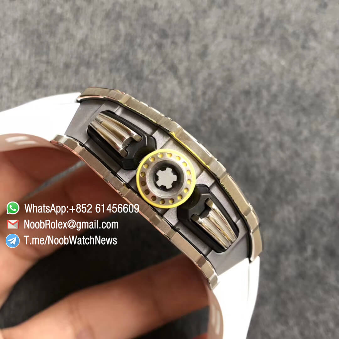 KVF Best Replica RM11 03 Crystal Skeleton Dial Steel Case Titanium Mid Case on White Racing Rubber Strap A7750 Chrono Movement 04