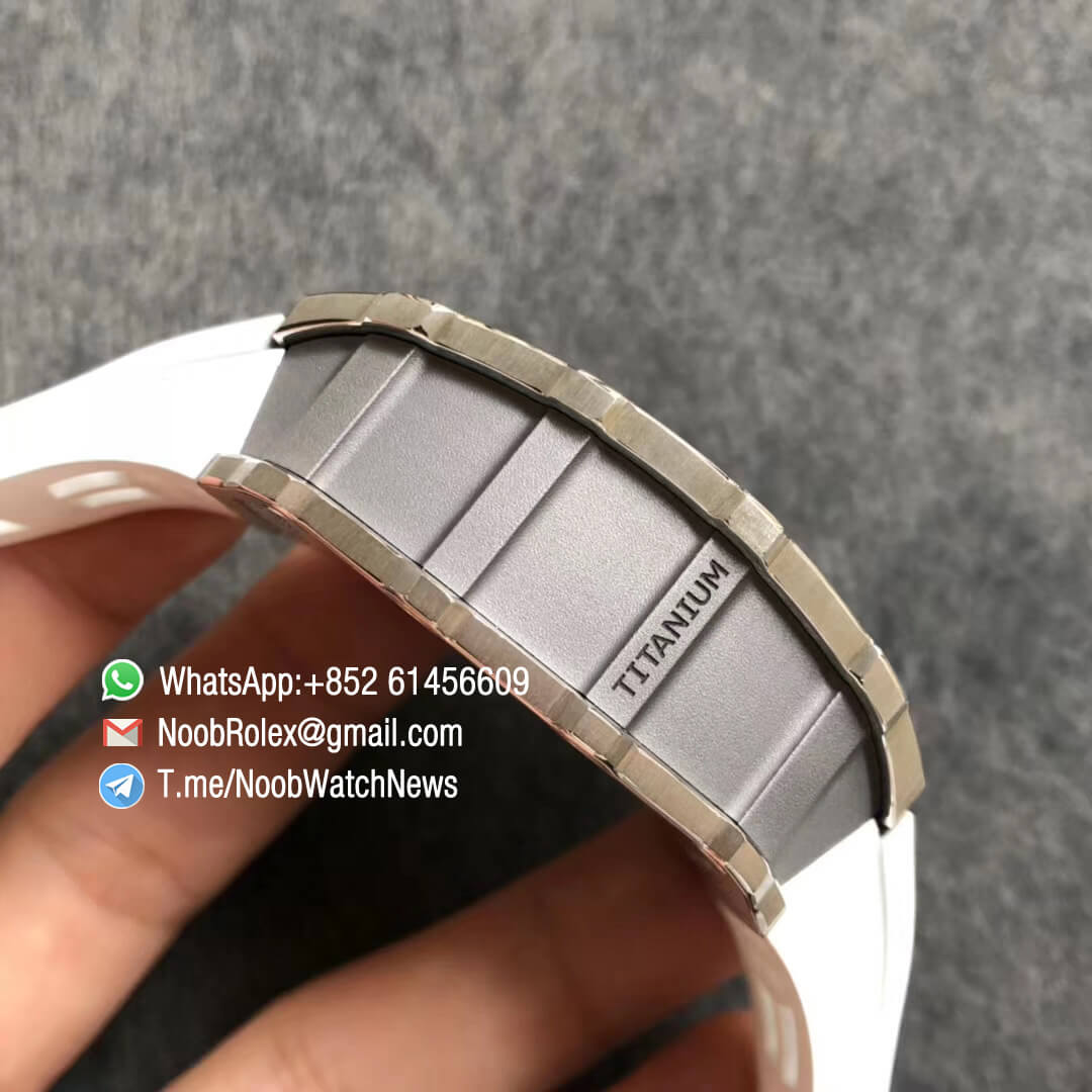 KVF Best Replica RM11 03 Crystal Skeleton Dial Steel Case Titanium Mid Case on White Racing Rubber Strap A7750 Chrono Movement 05