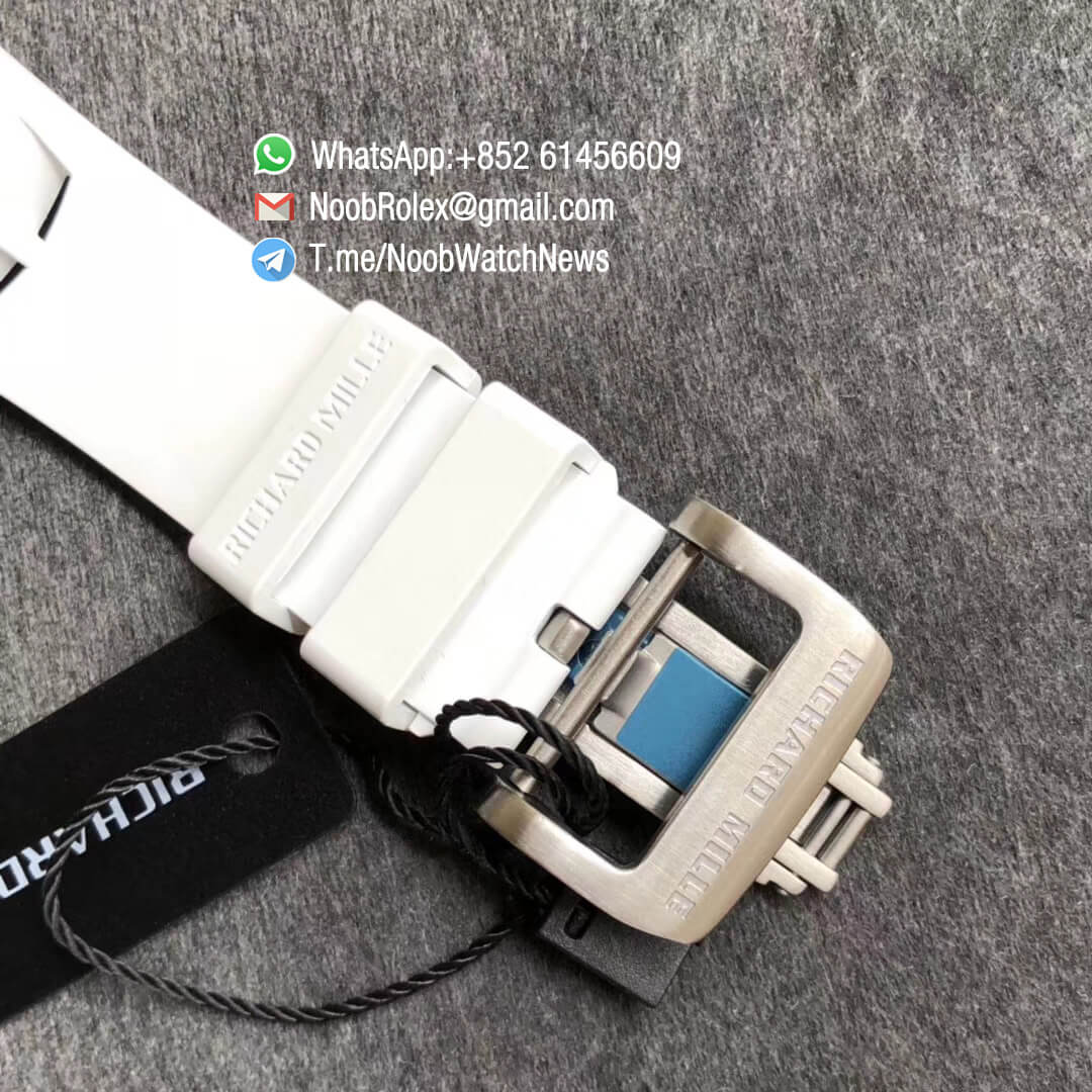 KVF Best Replica RM11 03 Crystal Skeleton Dial Steel Case Titanium Mid Case on White Racing Rubber Strap A7750 Chrono Movement 06