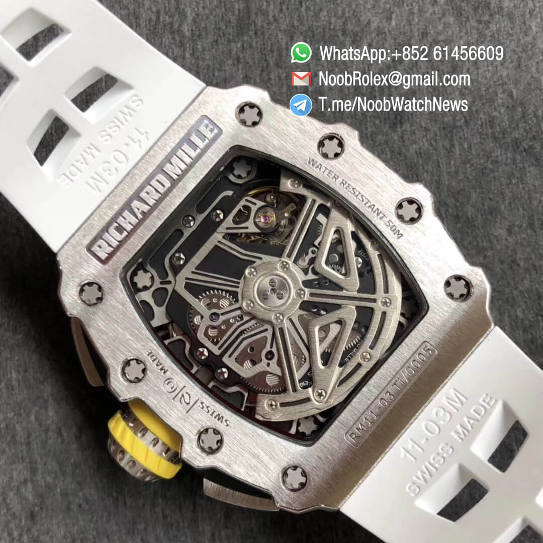 KVF Best Replica RM11 03 Crystal Skeleton Dial Steel Case Titanium Mid Case on White Racing Rubber Strap A7750 Chrono Movement 08