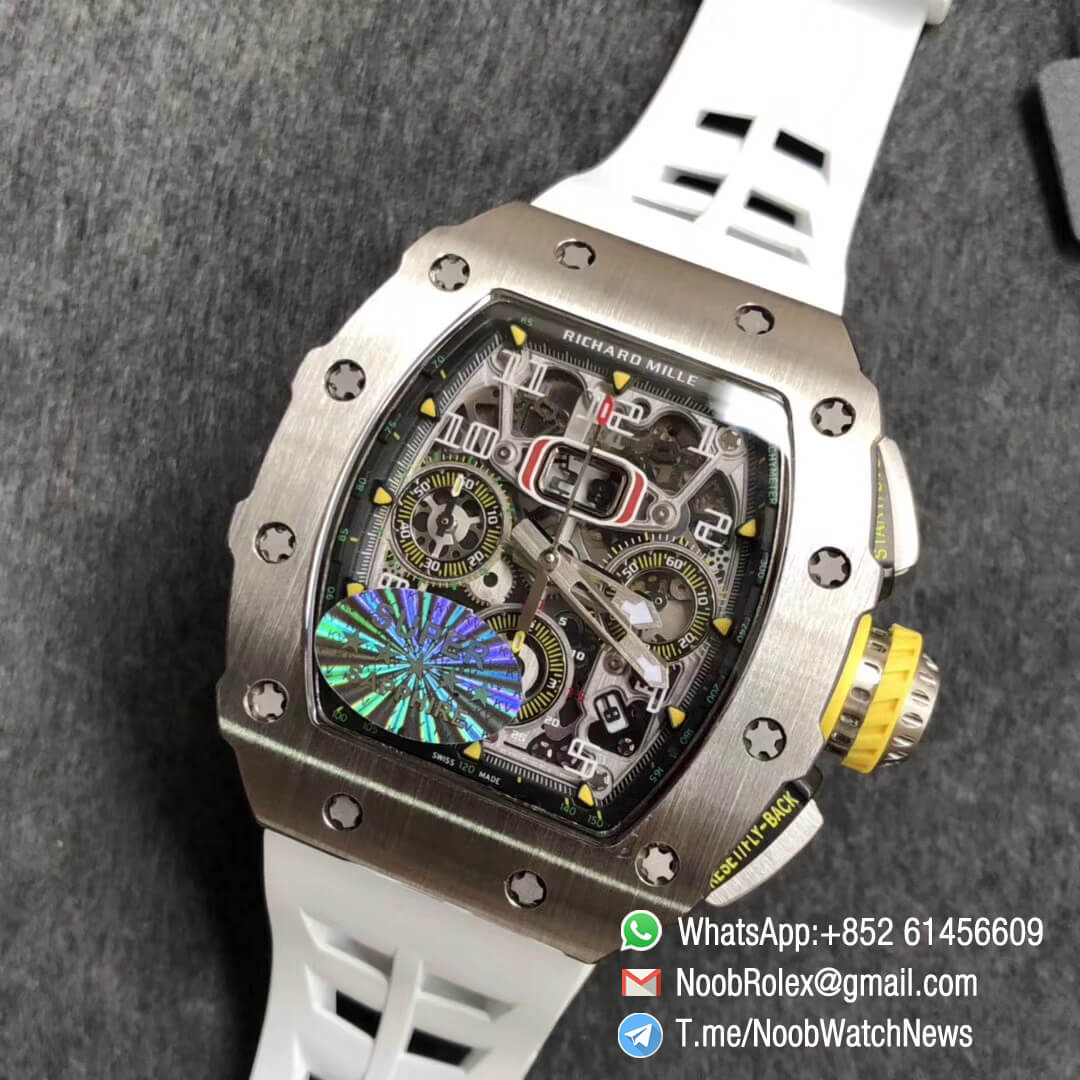 KVF Best Replica RM11 03 Crystal Skeleton Dial Steel Case Titanium Mid Case on White Racing Rubber Strap A7750 Chrono Movement 09