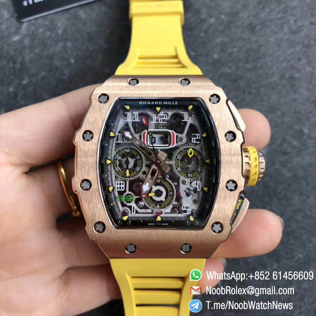 KVF RM11 03 Crystal Skeleton Dial Rose Gold Case Titanium Mid Case RG Hands on Yellow Racing Rubber Strap A7750 Chrono 01