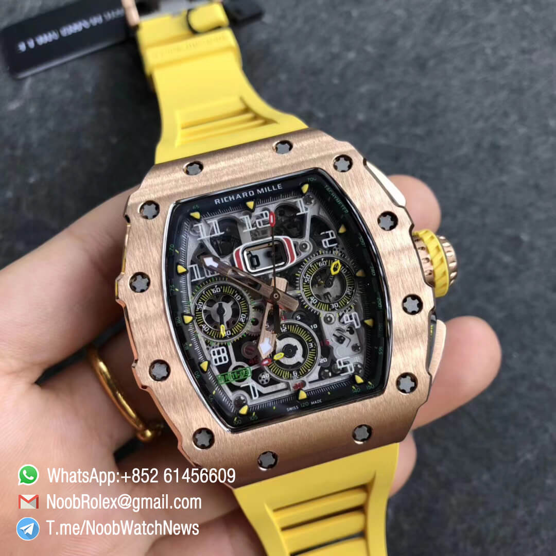 KVF RM11 03 Crystal Skeleton Dial Rose Gold Case Titanium Mid Case RG Hands on Yellow Racing Rubber Strap A7750 Chrono 02