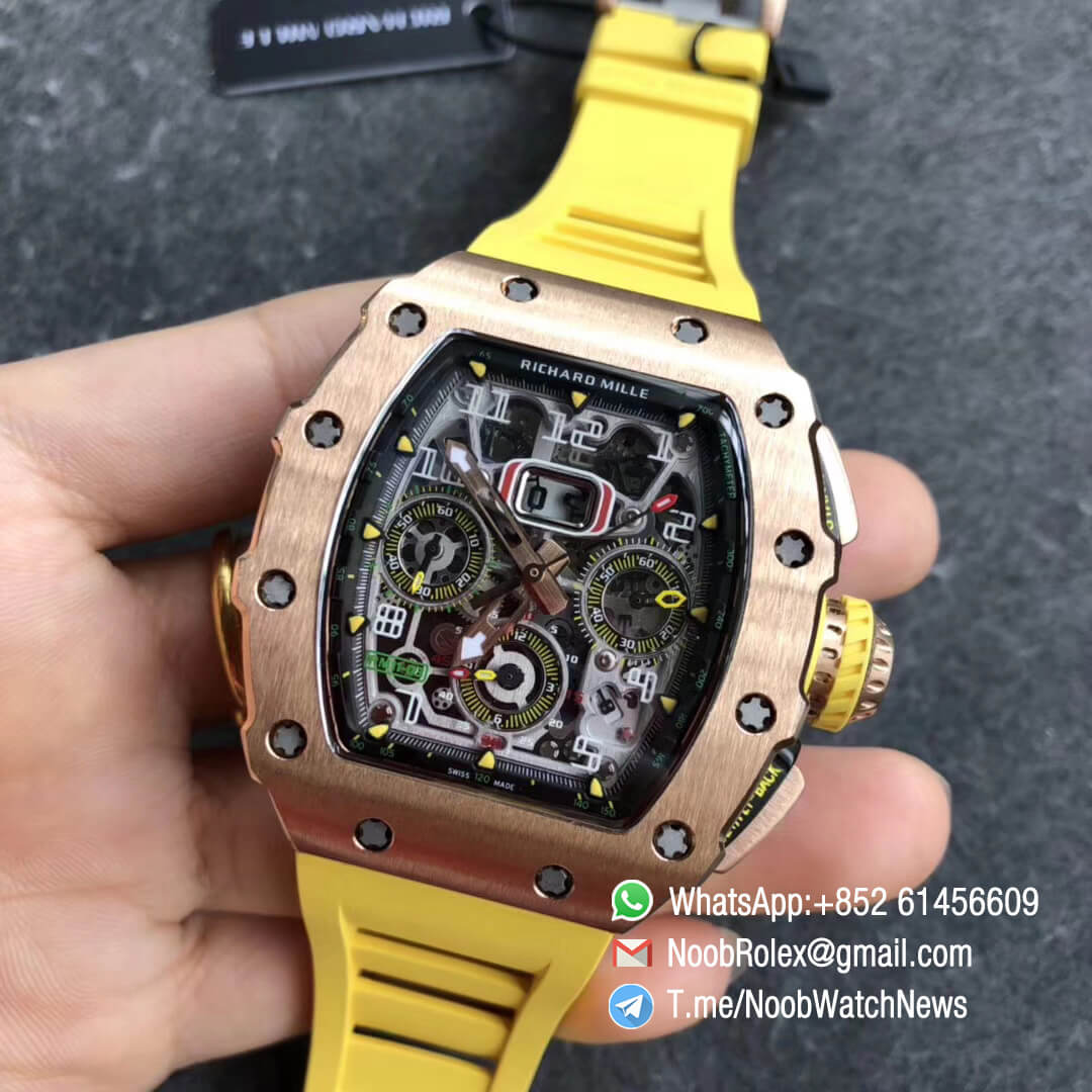 KVF RM11 03 Crystal Skeleton Dial Rose Gold Case Titanium Mid Case RG Hands on Yellow Racing Rubber Strap A7750 Chrono 03