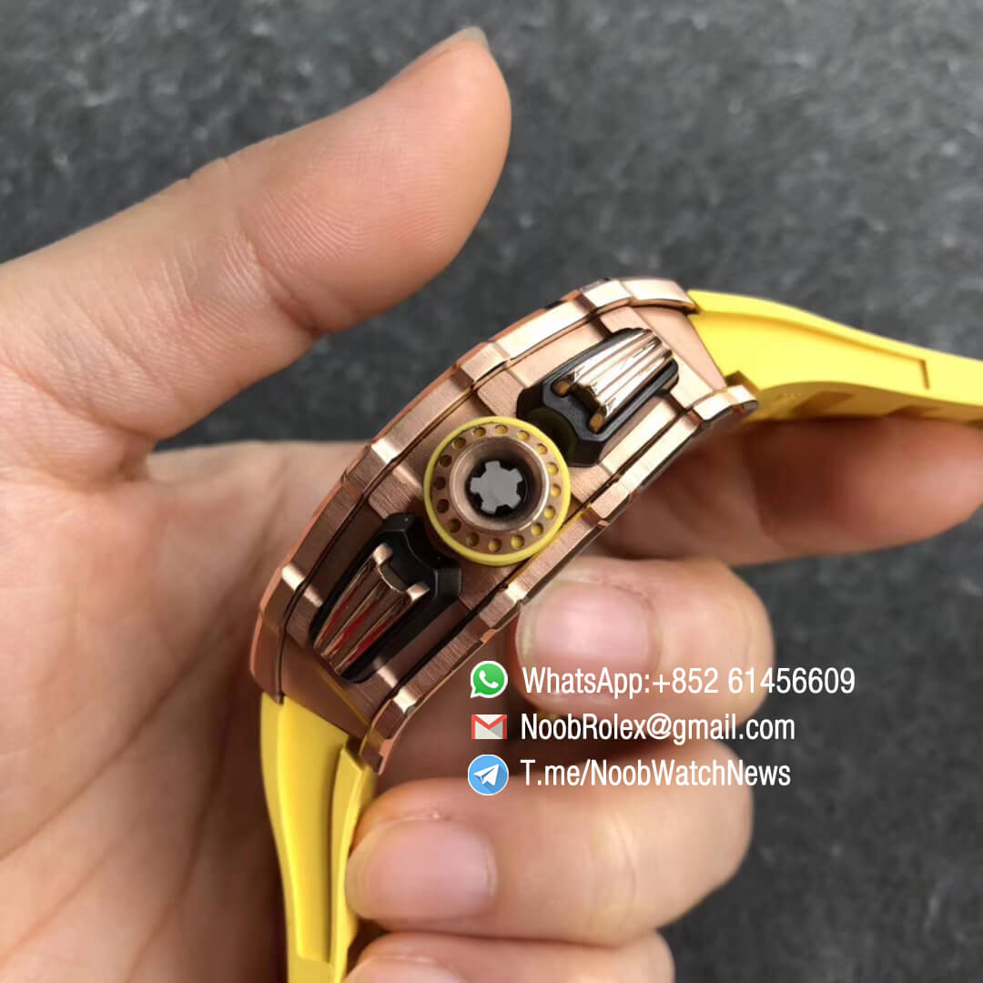 KVF RM11 03 Crystal Skeleton Dial Rose Gold Case Titanium Mid Case RG Hands on Yellow Racing Rubber Strap A7750 Chrono 04