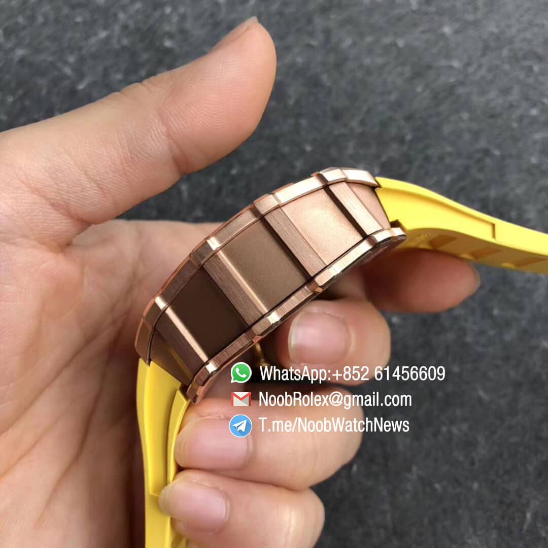 KVF RM11 03 Crystal Skeleton Dial Rose Gold Case Titanium Mid Case RG Hands on Yellow Racing Rubber Strap A7750 Chrono 05