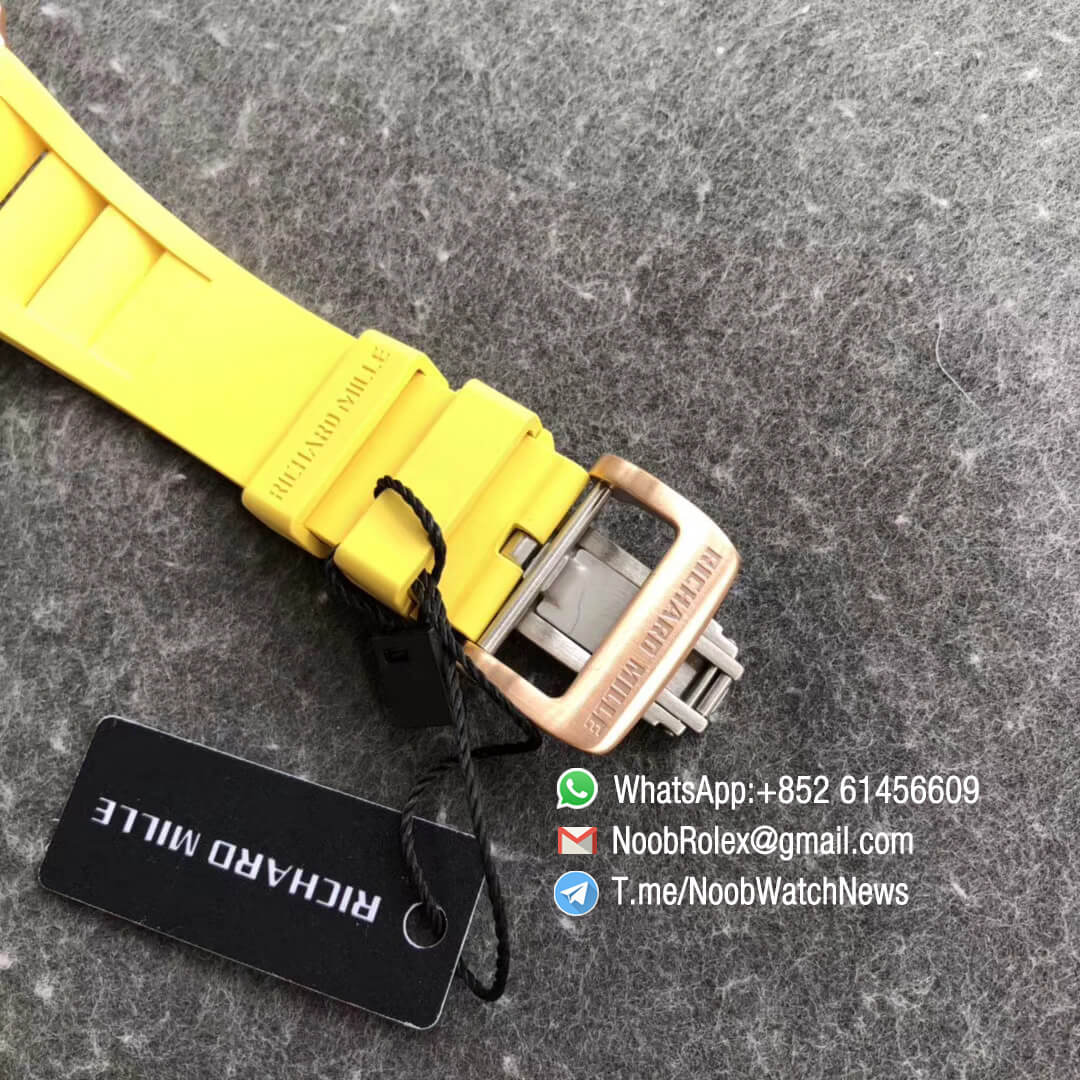 KVF RM11 03 Crystal Skeleton Dial Rose Gold Case Titanium Mid Case RG Hands on Yellow Racing Rubber Strap A7750 Chrono 06