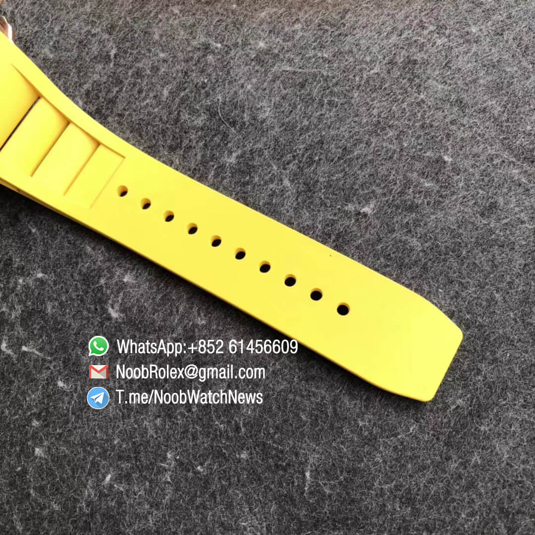 KVF RM11 03 Crystal Skeleton Dial Rose Gold Case Titanium Mid Case RG Hands on Yellow Racing Rubber Strap A7750 Chrono 07