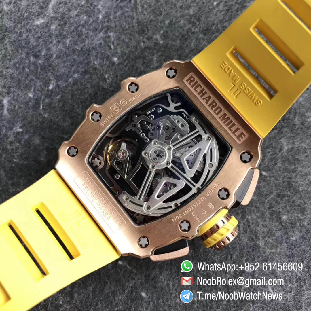 KVF RM11 03 Crystal Skeleton Dial Rose Gold Case Titanium Mid Case RG Hands on Yellow Racing Rubber Strap A7750 Chrono 08