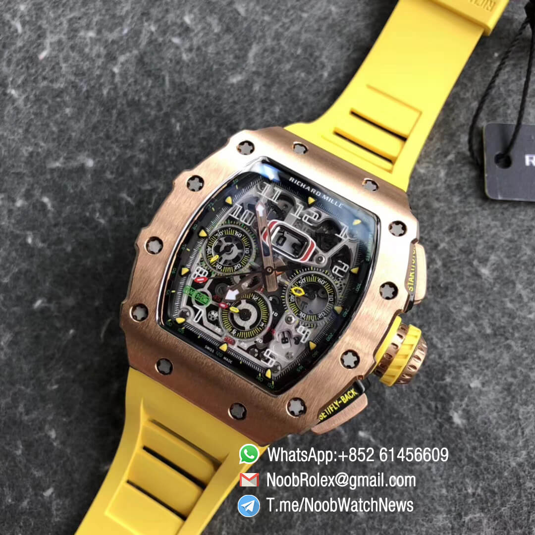KVF RM11 03 Crystal Skeleton Dial Rose Gold Case Titanium Mid Case RG Hands on Yellow Racing Rubber Strap A7750 Chrono 09