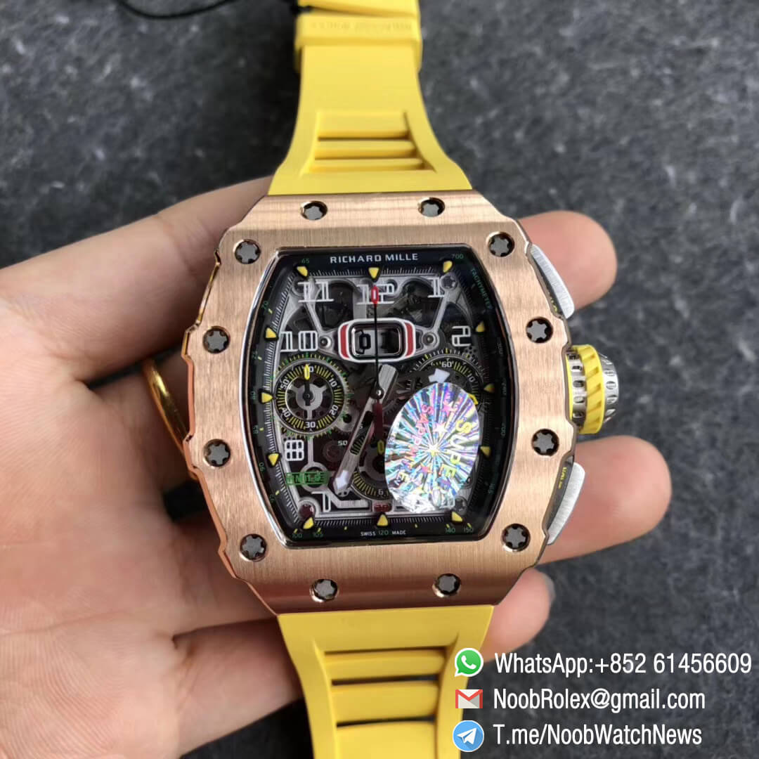 KVF RM11 03 Crystal Skeleton Dial Rose Gold Case Titanium Mid Case Steel Hands on Yellow Racing Rubber Strap A7750 Chrono 01