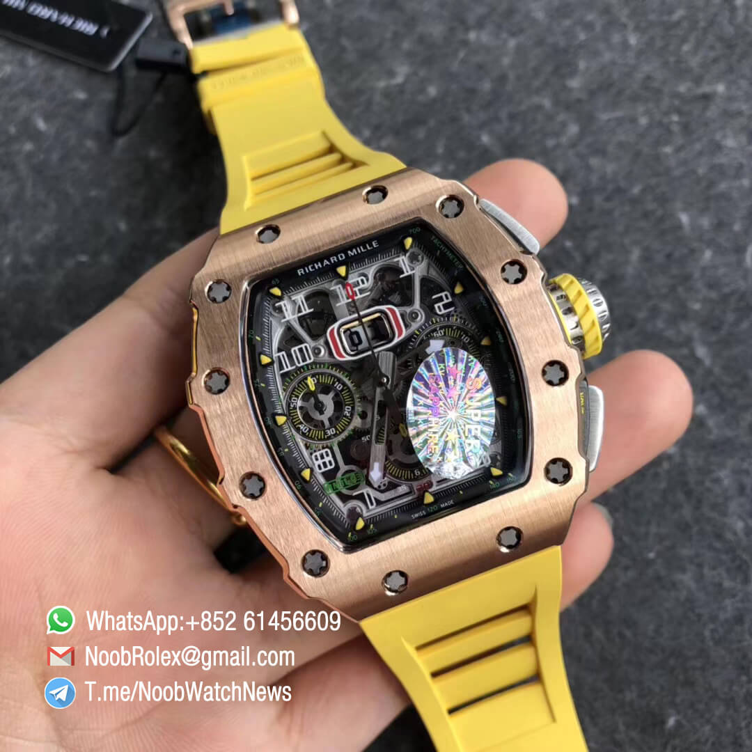 KVF RM11 03 Crystal Skeleton Dial Rose Gold Case Titanium Mid Case Steel Hands on Yellow Racing Rubber Strap A7750 Chrono 02