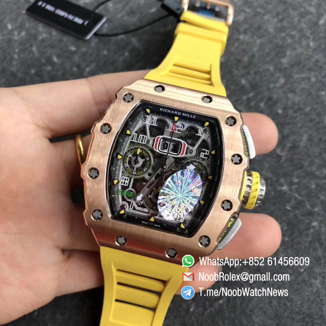 KVF RM11 03 Crystal Skeleton Dial Rose Gold Case Titanium Mid Case Steel Hands on Yellow Racing Rubber Strap A7750 Chrono 03