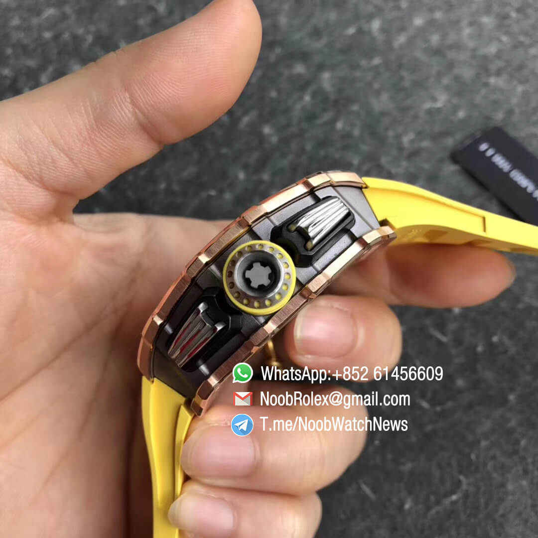 KVF RM11 03 Crystal Skeleton Dial Rose Gold Case Titanium Mid Case Steel Hands on Yellow Racing Rubber Strap A7750 Chrono 04