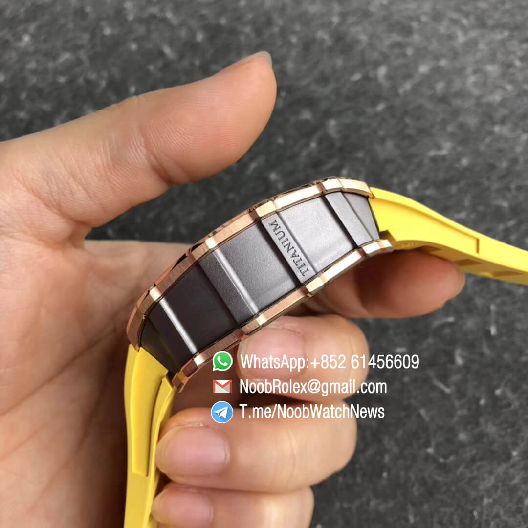 KVF RM11 03 Crystal Skeleton Dial Rose Gold Case Titanium Mid Case Steel Hands on Yellow Racing Rubber Strap A7750 Chrono 05