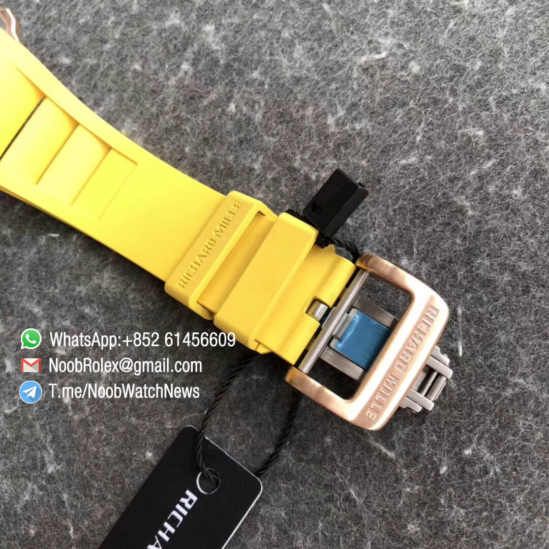 KVF RM11 03 Crystal Skeleton Dial Rose Gold Case Titanium Mid Case Steel Hands on Yellow Racing Rubber Strap A7750 Chrono 06