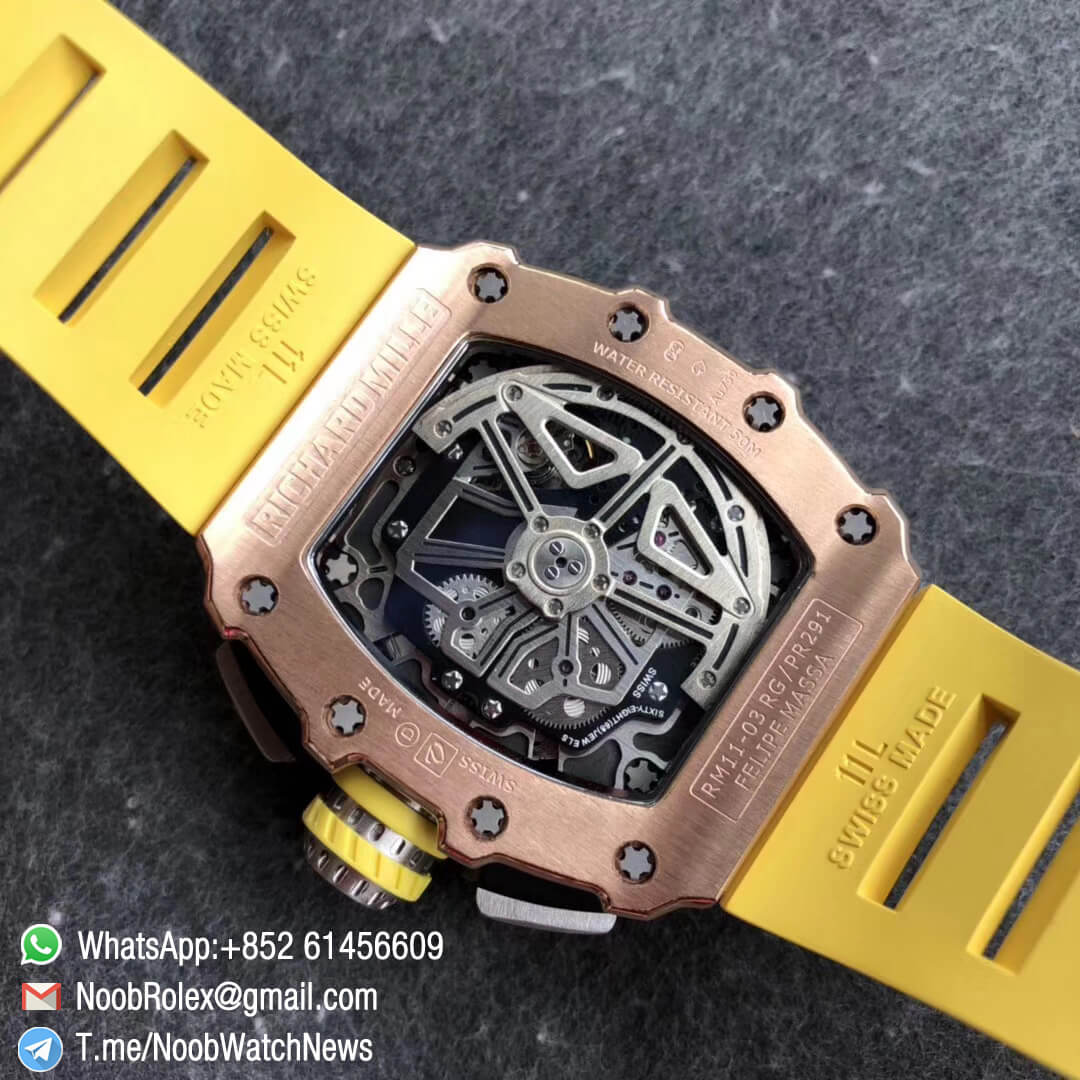 KVF RM11 03 Crystal Skeleton Dial Rose Gold Case Titanium Mid Case Steel Hands on Yellow Racing Rubber Strap A7750 Chrono 08