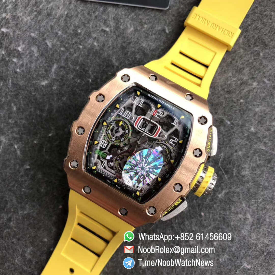 KVF RM11 03 Crystal Skeleton Dial Rose Gold Case Titanium Mid Case Steel Hands on Yellow Racing Rubber Strap A7750 Chrono 09
