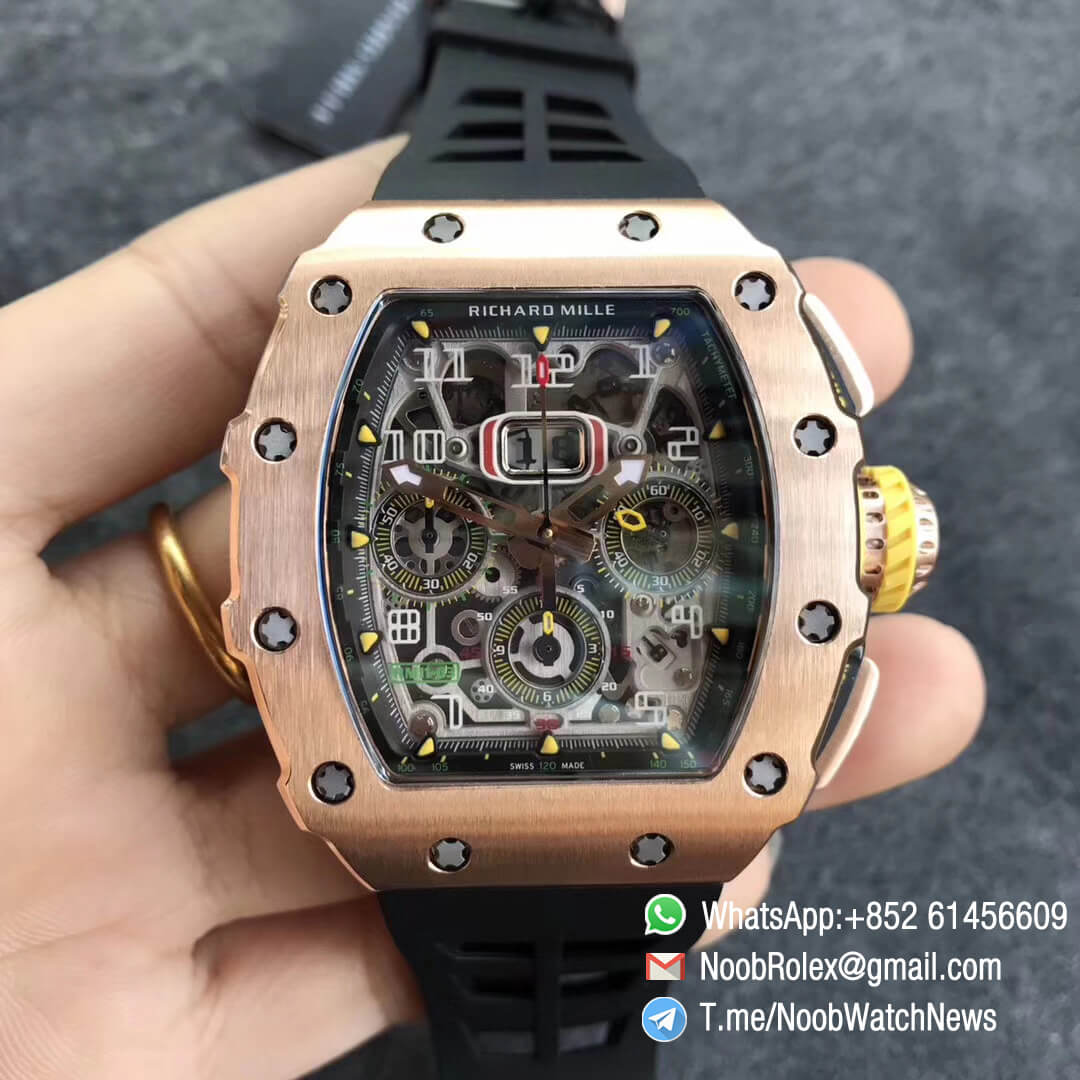 KVF Replica RM11 03 Crystal Skeleton Dial Rose Gold Case Titanium Mid Case on Black Racing Rubber Strap A7750 Chronograph 01