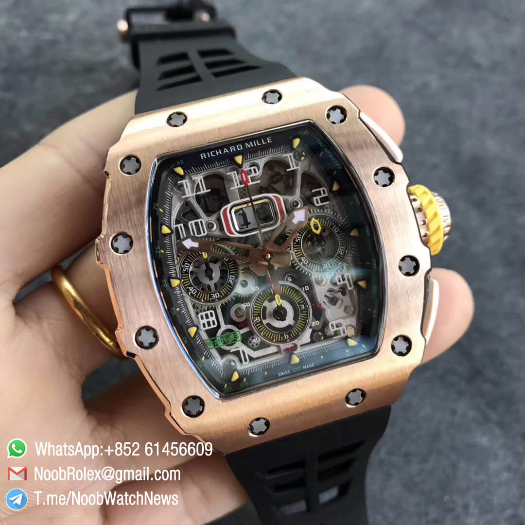 KVF Replica RM11 03 Crystal Skeleton Dial Rose Gold Case Titanium Mid Case on Black Racing Rubber Strap A7750 Chronograph 02