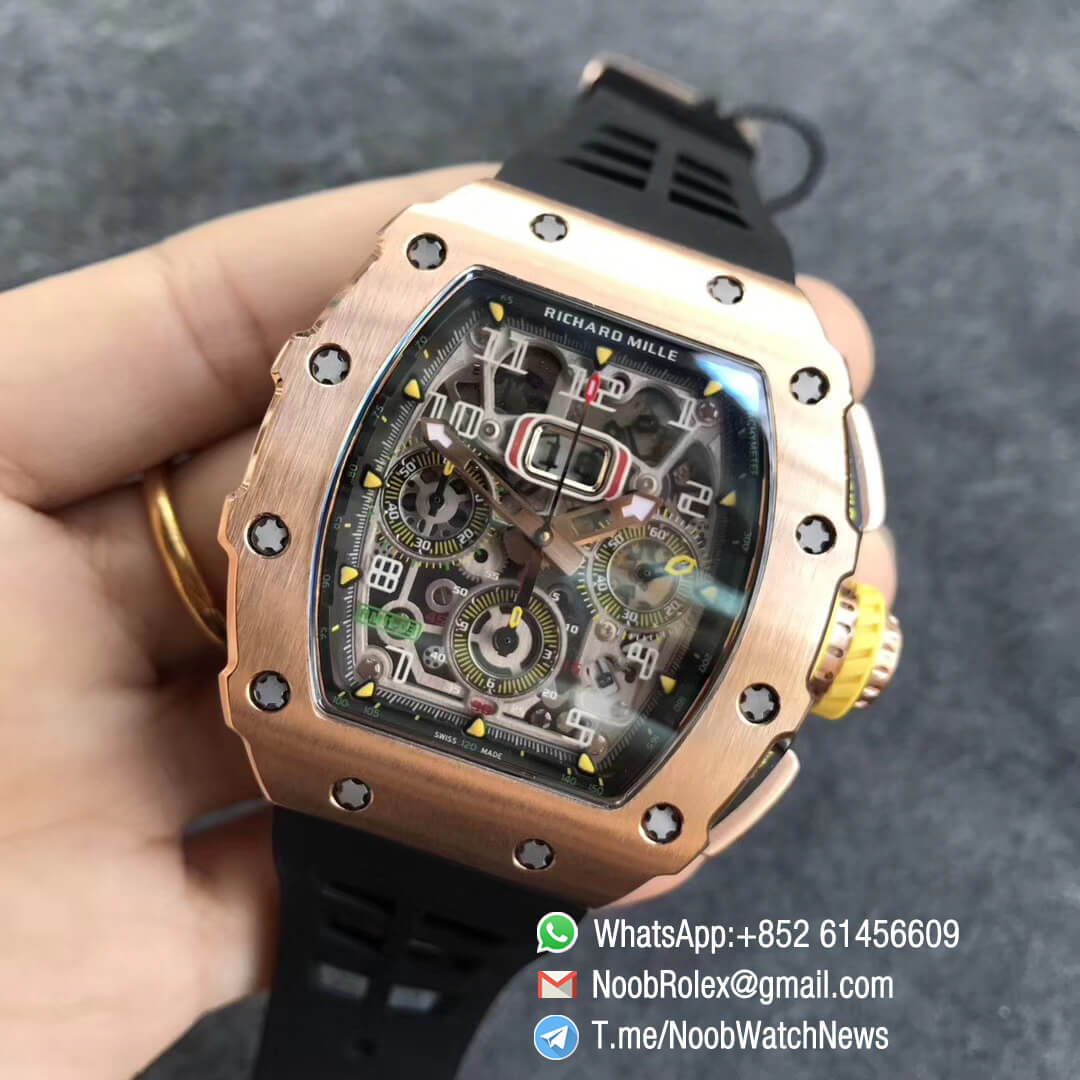 KVF Replica RM11 03 Crystal Skeleton Dial Rose Gold Case Titanium Mid Case on Black Racing Rubber Strap A7750 Chronograph 03